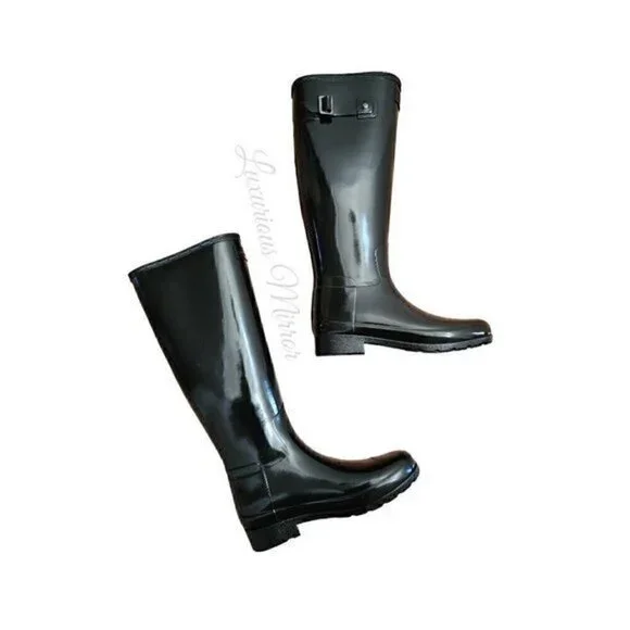 Hunter Womens Tall Gloss Rain Boots 6 Black Rubber Mid Calf Block Buckle New - Picture 2 of 8